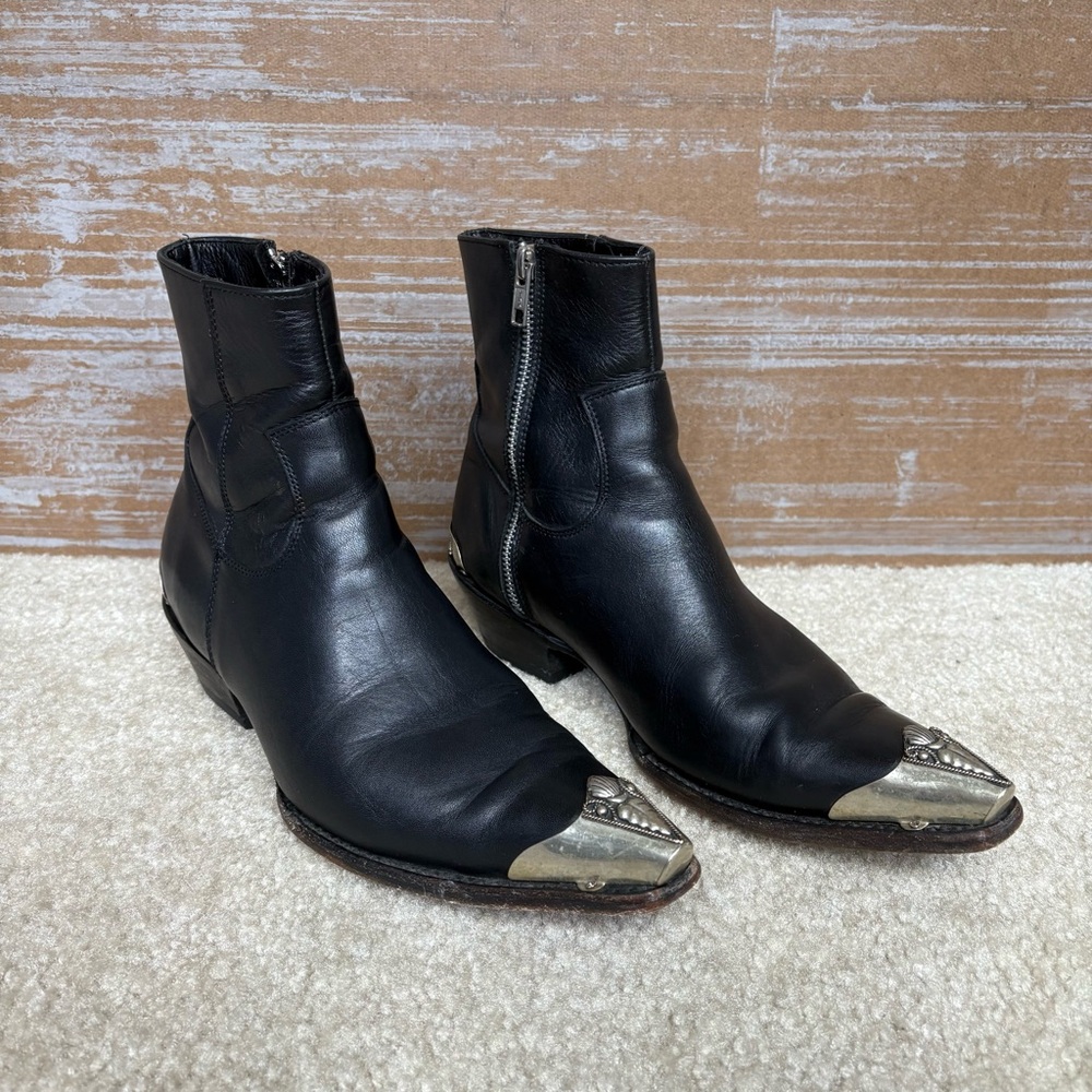 Black Leather Ankle Boots with Silver Accents